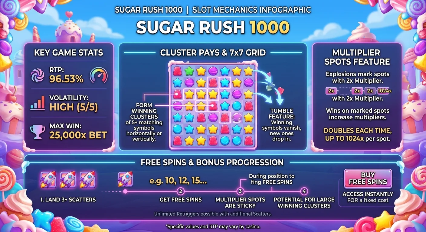 Sugar Rush 1000: the cluster-pays slot making noise mid image